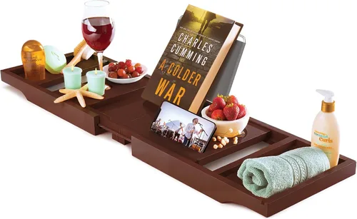 Vista 13 de Bambüsi Mesa de bandeja de bañera, plegable y ajustable, bandeja de bañera de bambú plegable, accesorios de bañera de madera, regalos únicos