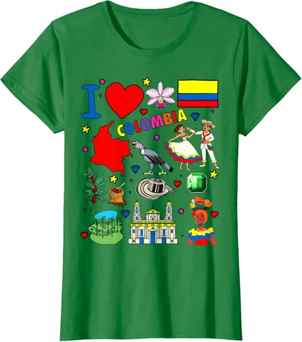 Vista 34 de Camiseta con diseño de bandera y mapa de I Love Colombia dibujada a mano