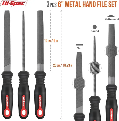Vista 2 de Hi-Spec Juego de 3 limas manuales de metal. Limas de acero grandes. Plana, redonda y semirredonda para manualidades, trabajo de metal y madera
