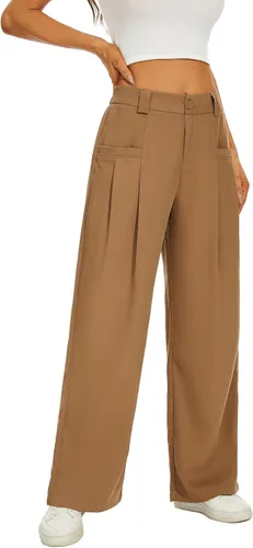 Vista 5 de FUNYYZO Pantalones de vestir de pierna ancha de cintura alta para mujer, plisados, cintura ancha, cintura elástica, pantalones casuales