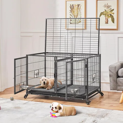Vista 2 de Yaheetech Jaula Apilable para Perros con Divisor de 43'' Rodante Jaula de Servicio Pesado para Perros con Parte Superior Abierta/2 Bandejas