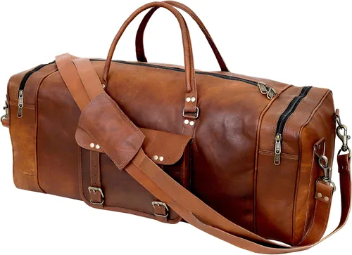 Vista 5 de Bolsa grande de cuero para viaje, 32 pulgadas, de lona, artesanal, para viaje de fin de semana, de noche, gimnasio, deportiva, para hombre y mujer
