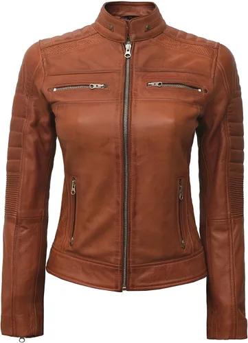 Vista 3 de Chaqueta de cuero para mujer Cafe Racer - Chaquetas de motocicleta de piel de cordero real