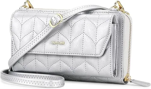 Vista 7 de nuoku Cartera RFID para Mujer Monedero Muñequera Bandolera Clutch con Cremallera Perimetral 2 Correas Negro