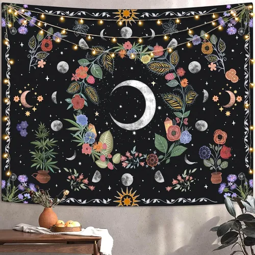 Vista 2 de Kanuyee Tapiz Floral de Luna Tapiz de Flores para Dormitorio Tapices Bohemios para Colgar en la Pared Estético para Dormitorio y Sala de Estar Luna