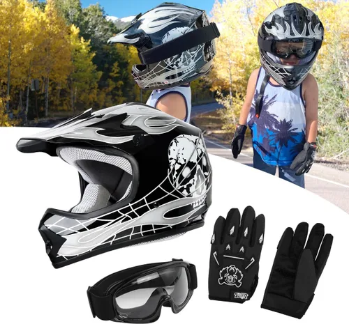 Vista 2 de SLMOTO Casco de motocross para niños y jóvenes, casco de motocicleta todoterreno para motocross, ATV aprobado por DOT, casco de calavera negra