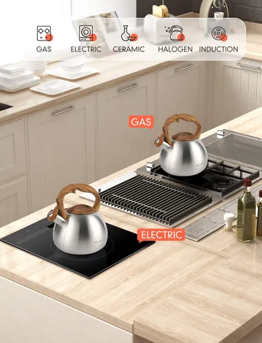 Vista 6 de BELANKO Hervidor de té de 2.7 cuartos de galón para estufas, tetera de acero inoxidable de grado alimenticio con silbato fuerte, mango de madera