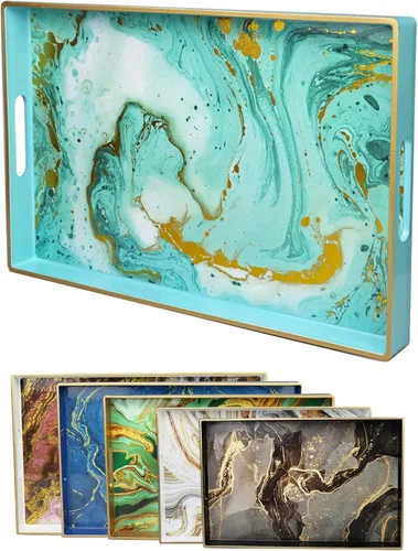 Vista 9 de Bandeja decorativa redonda de mármol blanco con asas, bandeja de servir moderna de plástico de 13" para mesa de café, baño, otomano, decoración