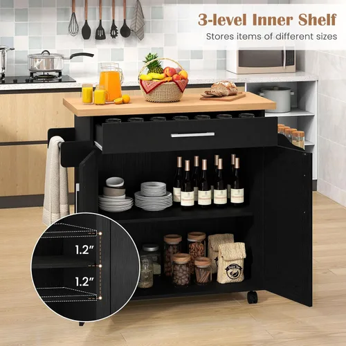 Vista 6 de Giantex Isla de cocina, carrito de cocina rodante con estante para especias y toallero, cajón grande y armario de almacenamiento de 2 puertas