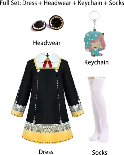 Vista 2 de TopTok Anya Forger - Disfraz de uniforme escolar conjunto completo de Halloween negro y amarillo talla S
