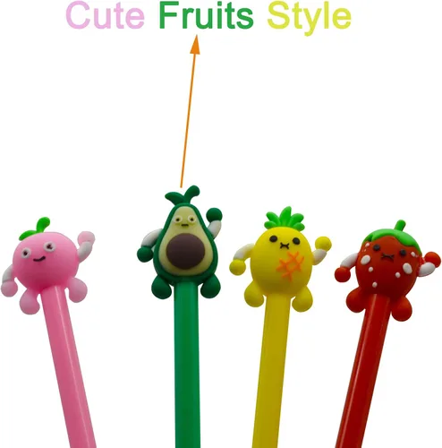 Vista 3 de Maydahui 28 bolígrafos con forma de frutas, lindos bolígrafos kawaii, tinta de gel negra, fresa, piña, jugoso, melocotón, aguacate, diseño