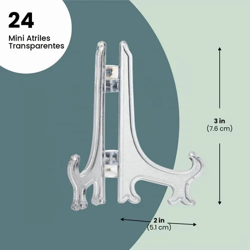 Vista 3 de Juvale Mini caballete acrílico - Paquete de 24, plástico transparente de 3 pulgadas, soportes de exhibición para coleccionables, tarjetas