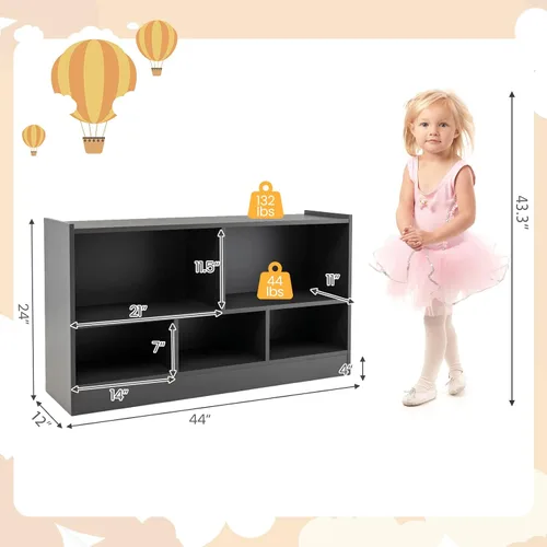 Vista 3 de MEDIMALL Organizador de almacenamiento de juguetes para niños de 5 cubos, estante de almacenamiento de madera de 2 niveles para libros y juguetes