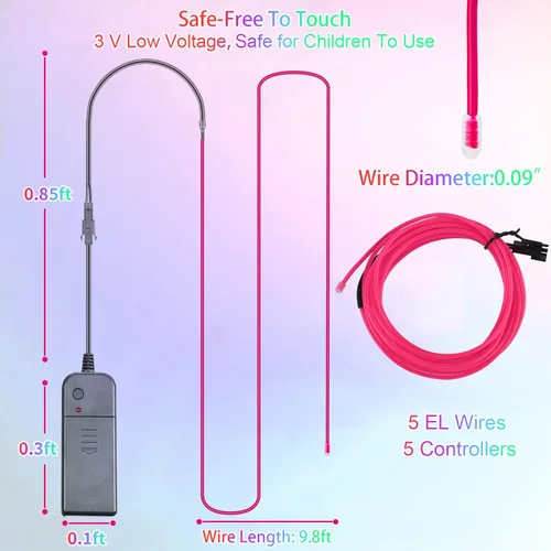 Vista 6 de EL Wire Paquete de 5 - Tiras de luces de cuerda de neón portátiles de 9.8 pies - Paquete de batería portátil para luces corporales - Iluminación