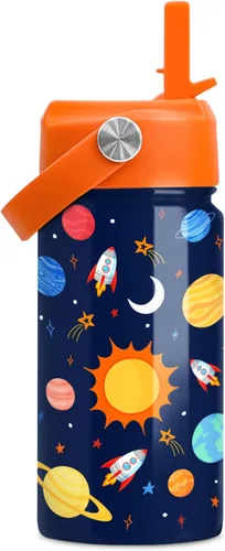 Vista 19 de SANDJEST Botella de agua para niños con tapa con pajilla, botellas de agua de acero inoxidable con aislamiento del alfabeto de 12 onzas para niños