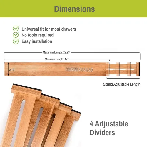 Vista 3 de Organizador de cajones de bambú ajustable y expandible - Separadores de cajones ideales para cocina, tocador, dormitorio y baño - Organizador