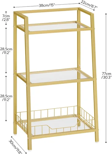 Vista 8 de HOOBRO Soporte de estante de vidrio dorado, unidad de estante de pie de 3 niveles, organizador y almacenamiento de baño, estantes de almacenamiento