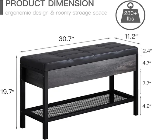 Vista 3 de Vibe & Dine Banco de almacenamiento con asiento acolchado de cuero, banco de zapatos para entrada con caja de almacenamiento abatible, banco otomano