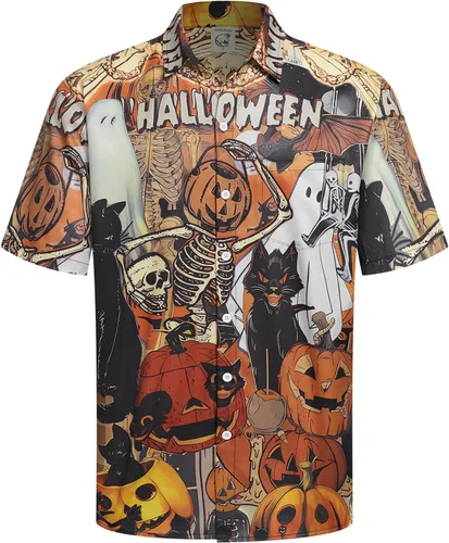 Vista 50 de Camisa de Halloween para Hombre de Hardaddy, de Manga Corta, con Botón, con Estampado Gracioso, Camisa Casual Negro