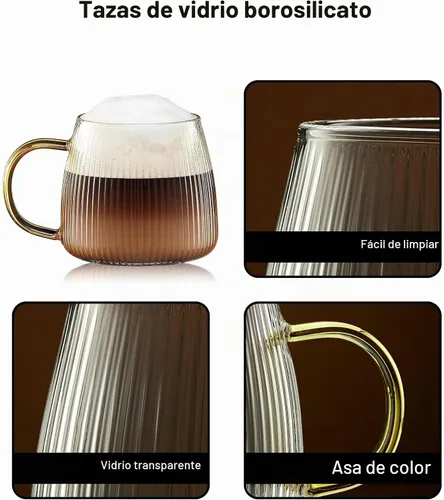 Vista 6 de Juego de 2 tazas de café de cristal únicas de alta calidad con elegante patrón de rayas verticales, mango amarillo claro (transparente)