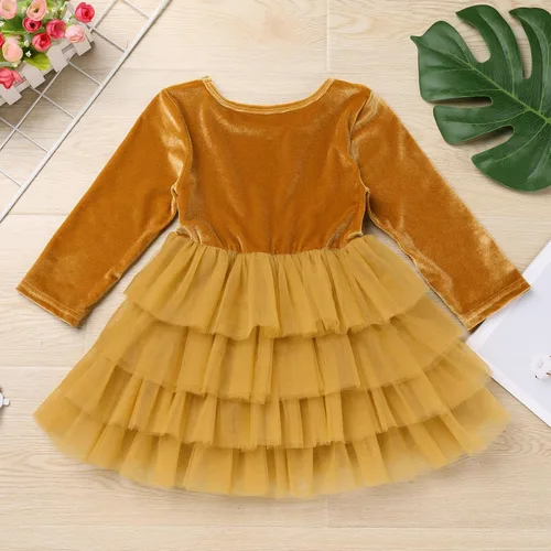 Vista 5 de Vestido de tutú de tul escalonado de terciopelo de manga larga para otoño e invierno para niñas y niñas