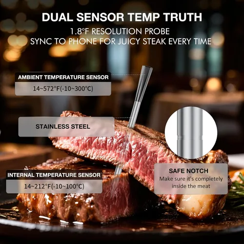 Vista 5 de Termómetro Bluetooth inalámbrico para carne con sondas duales, 650 pies de largo alcance inteligente con aplicación controlada, termómetro