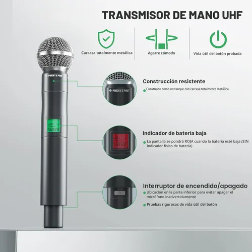 Vista 3 de Phenyx Pro Sistema de micrófono inalámbrico, juego de micrófono inalámbrico UHF de 4 canales con micrófonos de mano/bodypack/auricular