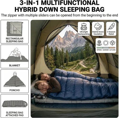 Vista 5 de ATEPA 3-in-1 Hybrid Down Sleeping Bag, Lightweight 3 Season Backpacking Sleeping Bag with Pad Attachment System & Compression Sack for Spring Summer