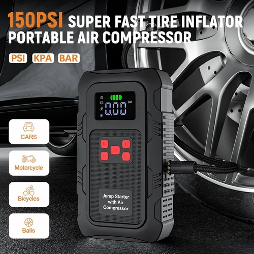 Vista 4 de Arrancador de 6000A con compresor de aire, arrancador de batería de automóvil portátil con inflador de neumáticos de 150 PSI para motores de hasta
