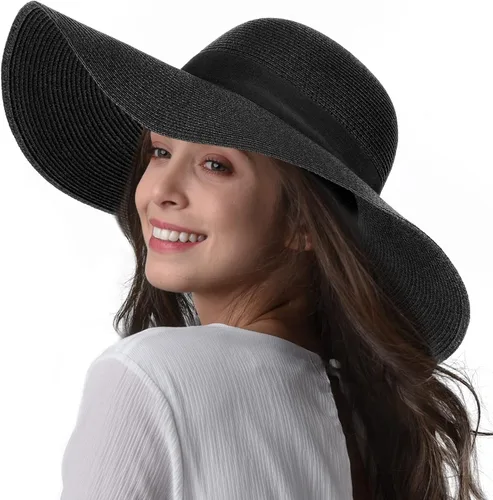 Vista 12 de FURTALK Sombrero de paja para mujer, ala ancha, UPF 80, sombrero de verano, plegable, plegable, flexible, para playa Beige
