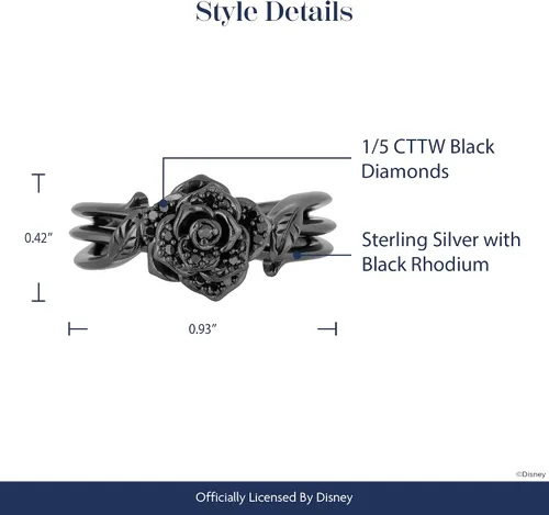 Vista 5 de Jewelili Enchanted Disney Fine Jewelry Anillo de plata de ley con rodio negro de 15 Cttw tratado con diamantes redondos negros y rosa maléfica
