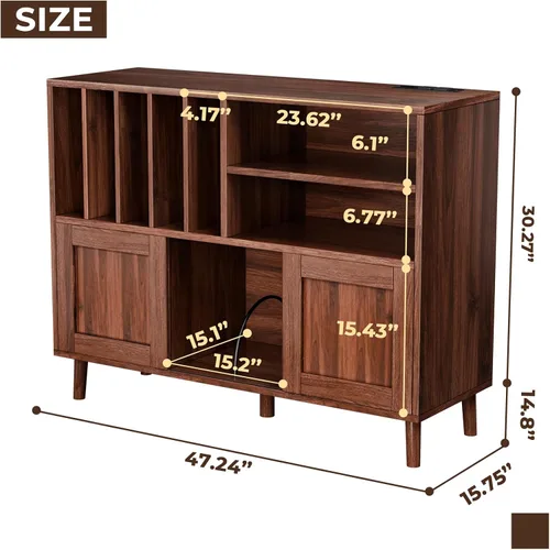 Vista 10 de Soporte XL para tocadiscos con puertas corredizas, gabinete de almacenamiento para más de 500 discos de vinilo con estación de carga y puertos USB