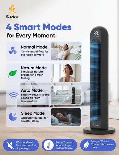 Vista 3 de EcoNour - Ventilador de torre inteligente con control WiFi y Alexa, ventilador personal de 42 pulgadas, oscilación de 120°, potente flujo de aire