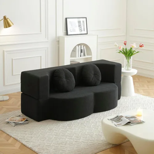 Vista 2 de 2-in-1 Folding Sofa Bed with Pillow, Twin Sleeper Sofa, Floor& Futon Loveseat Couch, Foam Folding Mattress Sleeper for Living Room, Guest Use Black