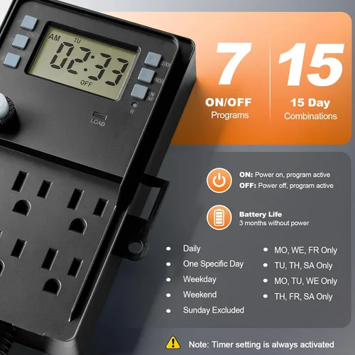 Vista 2 de SURAIELEC Estaca de alimentación para exteriores, temporizador digital programable de 7 días, regleta de alimentación resistente a la intemperie, 6