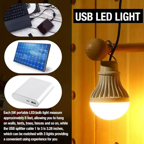 Vista 5 de 3 bombillas LED USB, luces de campamento portátiles de 5 W con cable divisor USB de 1 a 3, cable de 8.2 pies de longitud extra para tienda