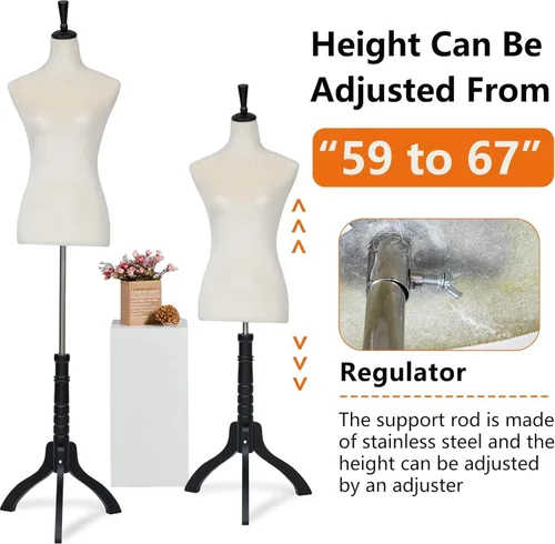 Vista 3 de Maniquí femenino con forma de vestido, torso de modelo de ropa, cuerpo de maniquí para exhibición, soporte de trípode ajustable de 53-67 pulgadas