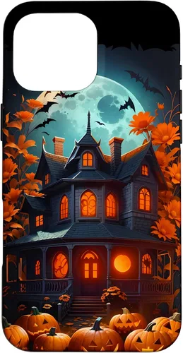 Vista 19 de iPhone 16 Halloween Spooky Haunted House Bats & Carved Pumpkins Case