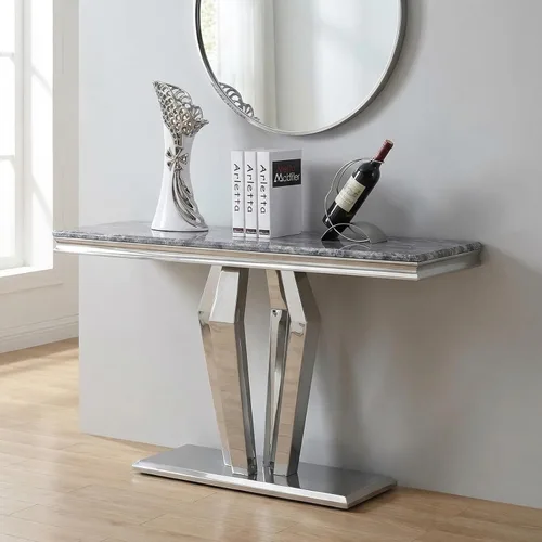 Vista 9 de ACEDCOR - Mesa consola moderna, mesa rectangular para sala de estar y entrada con base geométrica de espejo, negro dorado