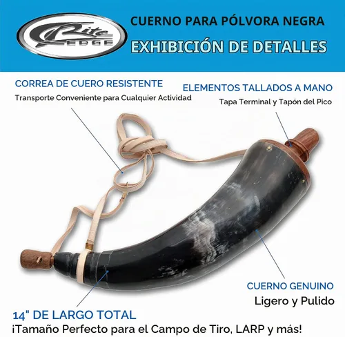 Vista 2 de SZCO Supplies - Cuerno de polvo negro de 14 pulgadas con correa de cuero, cuerno genuino con tapones de madera para almacenamiento de polvo negro