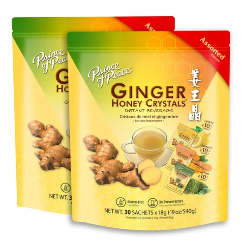 Vista 8 de Prince of Peace® - Cristales de miel de jengibre instantáneos surtidos, 30 bolsitas – Bebida instantánea caliente o fría que calma la garganta