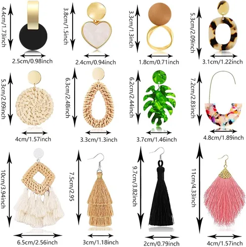 Vista 5 de 12 Pairs Tassel Earrings for Women Girls Acrylic Rattan Earrings Statement Geometric Bohemian Hoop Woven Earrings Set Lightweight Handmade Straw