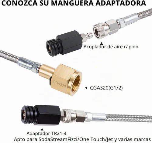 Vista 4 de Adaptador directo de cilindro de CO2 para tanque de CO2 con manguera de acero inoxidable de 60 pulgadas, conector de fabricante de soda de agua