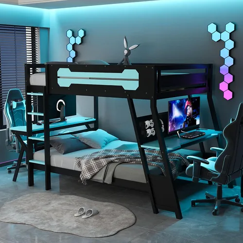 Vista 33 de Cama tipo loft en forma de L tamaño matrimonial e individual con 2 escritorios, tablero de clavijas y cajones de almacenamiento, marco de cama