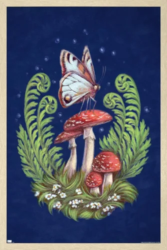 Vista 7 de Trends International Brigid Ashwood - Póster de pared con diseño de mariposas y hongos Versión enmarcada de caoba
