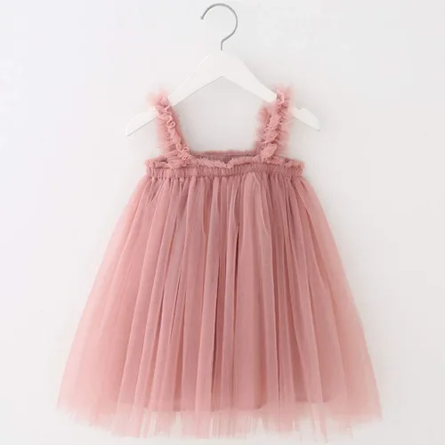 Vista 4 de Vestido de fiesta de tul con tirantes para niña, vestido de fiesta de tul y princesa, talla 6 M-5T, color rosa