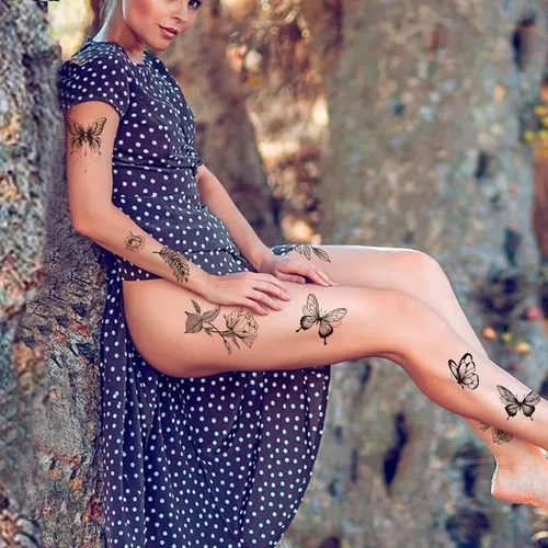 Vista 4 de Tazimi 6 hojas de tatuajes temporales de mariposa de flores negras para mujeres y niñas, de larga duración, realistas, impermeables, tatuajes falsos