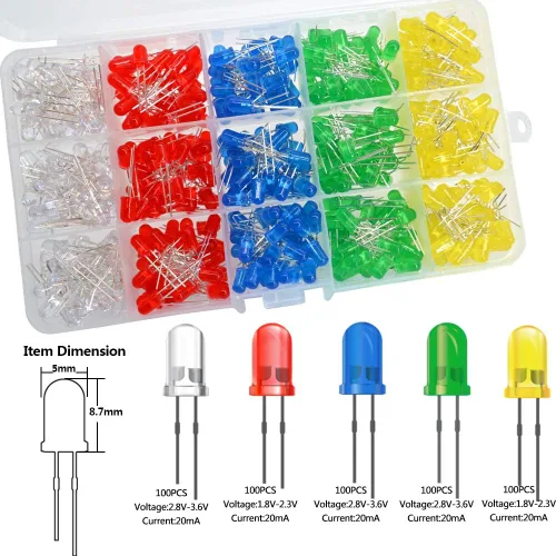 Vista 2 de Kit surtido de diodos emisores de luz LED de 500 piezas de 0.197 in para circuito de PCB de bricolaje Bajo voltaje, diodo difuso, para circuito