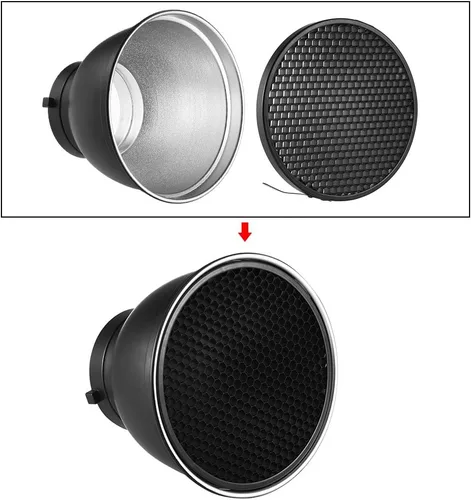 Vista 3 de Andoer Lámpara de difusor plano reflector estándar de 7 pulgadas con rejilla de panal de 60° para montaje Bowens para Flash Studio Strobe Speedlite