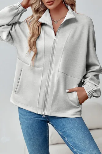 Vista 4 de Saodimallsu Chaquetas casuales con cremallera para mujer, manga larga, puños elásticos, con bolsillos